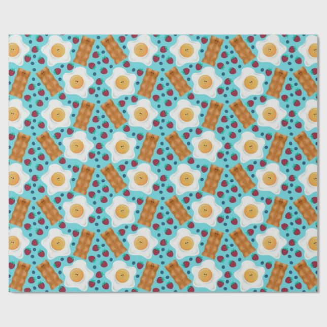 Cute Blue Eggs Bacon Strawberries Blueberries  Wrapping Paper (Flat)