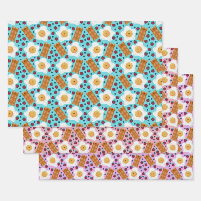 Cute Blue Eggs Bacon Strawberries Blueberries  Wrapping Paper Sheet (Set)