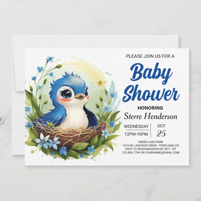 Cute Blue Elegant Bird Boy Baby Shower Invitation (Front)