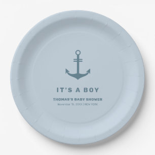 Cute Blue Elegant Nautical Anchor Baby Shower  Paper Plate
