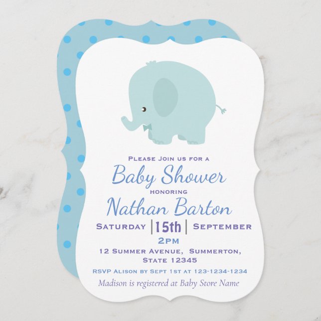 Cute Blue Elephant and Dots Boy Baby Shower Invitation (Front/Back)