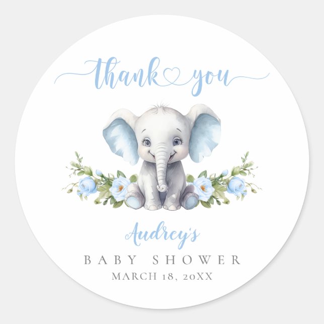Cute Blue Elephant Baby Boy Shower Thank You Classic Round Sticker (Front)