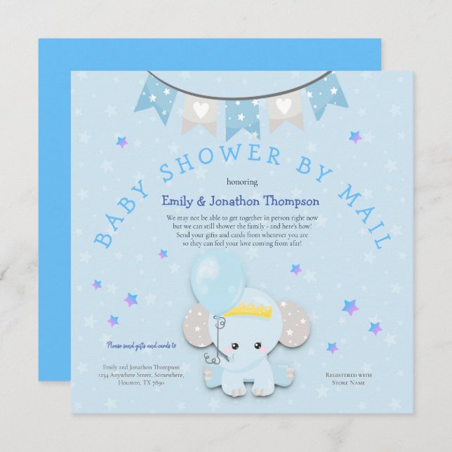 Cute Blue Elephant Baby Shower By Mail Invitation (Front/Back)