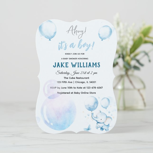 Cute Blue Elephant Baby Shower Invitation (Standing Front)