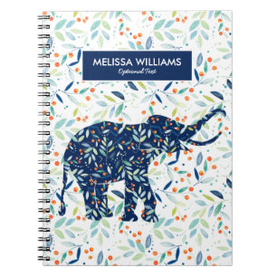 Cute Blue Elephant Botanical Leafs Pattern Spiral Notebook