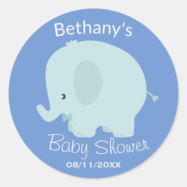 Cute Blue Elephant Boy Baby Shower Custom Classic Round Sticker (Front)