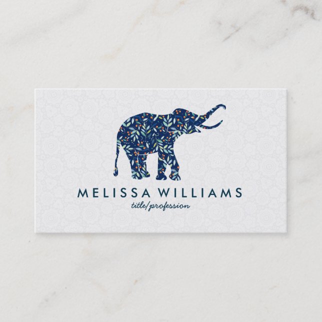 Cute Blue Elephant Colourful Botanical Leafs Business Card (Front)