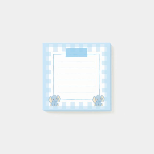 Cute Blue Elephant Kawaii Gingham Notepad (Front)