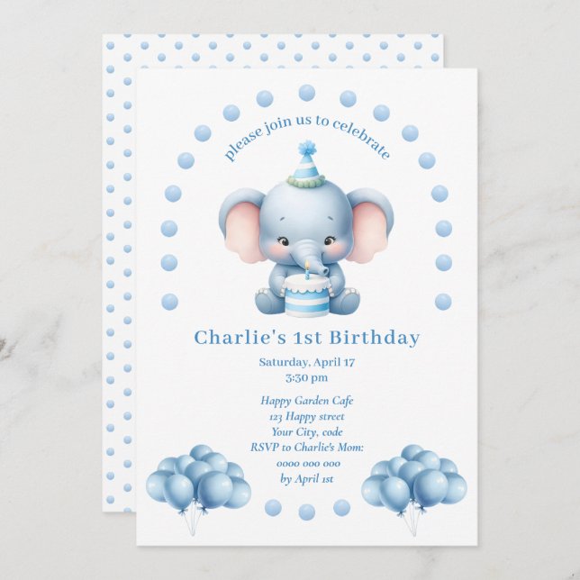 Cute Blue Elephant Kids Birthday  Invitation (Front/Back)