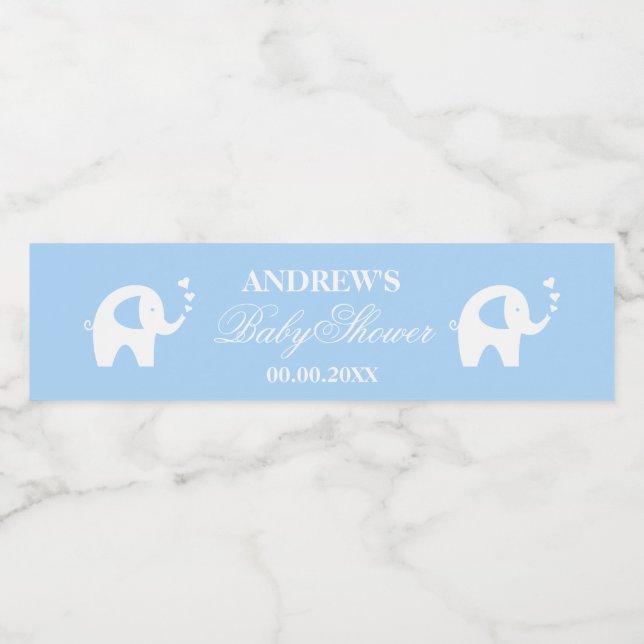 Cute blue elephant personalised boys baby shower water bottle label (Single Label)