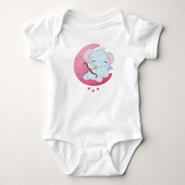 CUTE BLUE ELEPHANT SITTING ON A HALF MOON BABY BODYSUIT (Front)