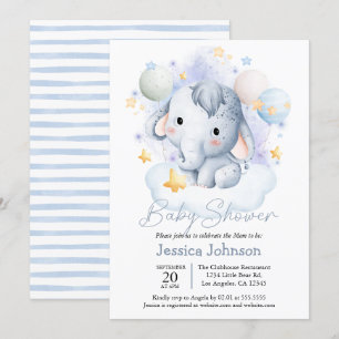 Cute Blue Elephant Stars Watercolor Invitation