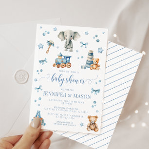 Cute blue elephant toys baby boy shower invitation