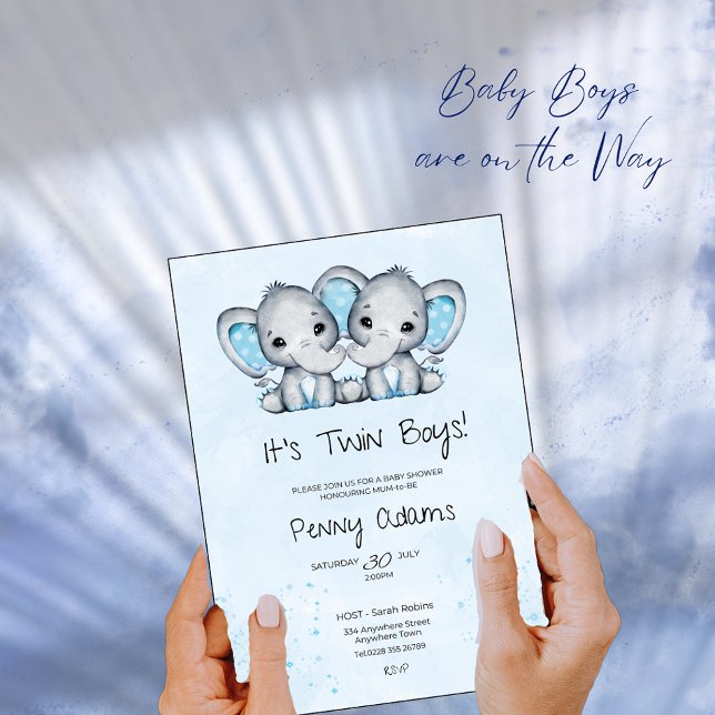 Cute Blue Elephant Twins Baby Shower Invitation (Creator Uploaded)