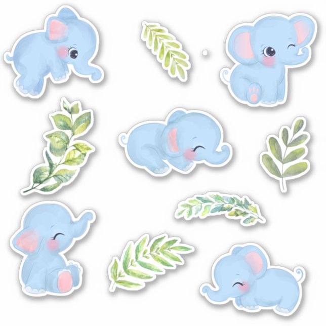 Cute Blue Elephants & Fresh Green Botanicals  (Front)