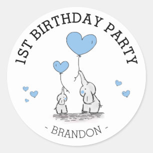 Cute Blue Elephants & Hearts   Boy 1st Birthday Classic Round Sticker