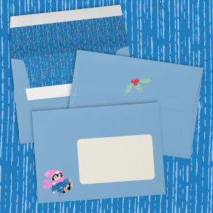 Cute Blue Envelope with Penguin Christmas Lights