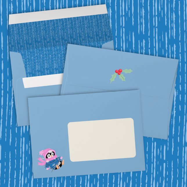 Cute Blue Envelope with Penguin Christmas Lights  (Festive blue Holiday envelope .
)