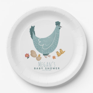 Cute Blue Farm Chicken Boys Baby Shower Paper Plate
