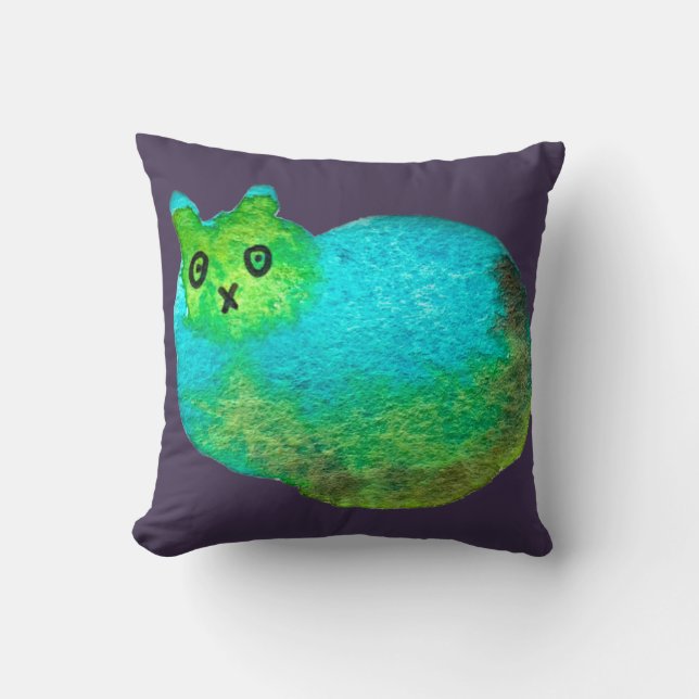 Cute blue fat cat art illustration cushion (Front)