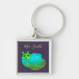 Cute blue fat cat art illustration key ring