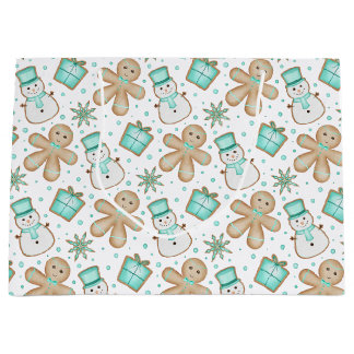 Cute Blue Festive Christmas Gingerbread Large Gift Bag
