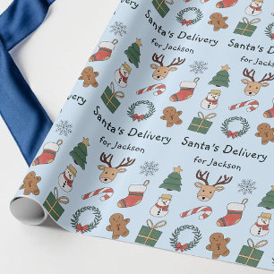 Cute Blue Festive Kids Christmas Holiday Pattern Wrapping Paper