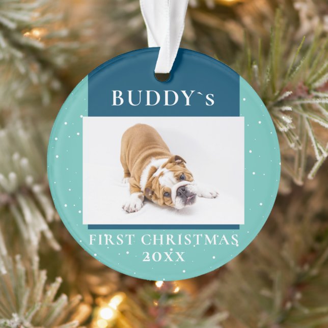 Cute Blue First Christmas Puppy Dog Photo Ornament (Tree)