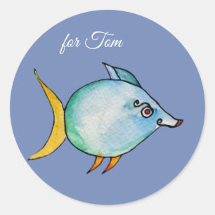 Cute Blue Fish Custom Name Classic Round Sticker