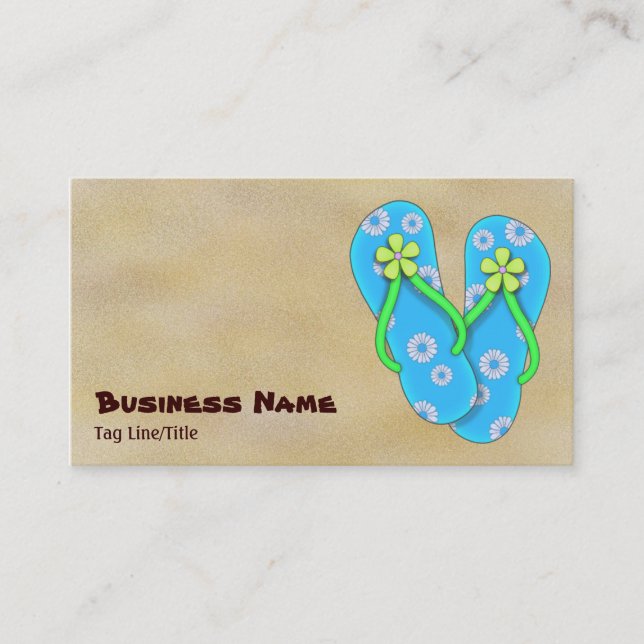 Cute Blue Flip Flop with Flowers on Sand Beach Business Card (Front)