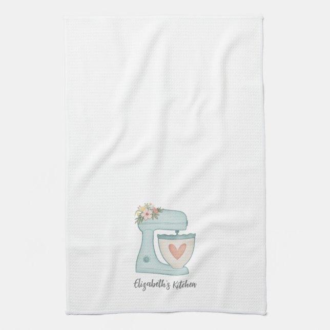 Cute Blue Floral Cake Mixer Bakery Chef  Tea Towel (Vertical)