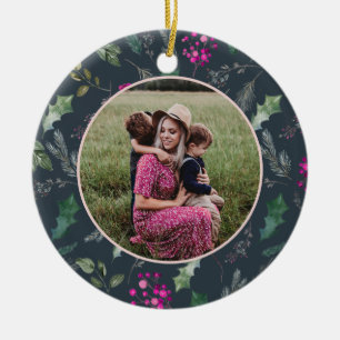 Cute Blue Floral Christmas Photo   Ceramic Tree Decoration