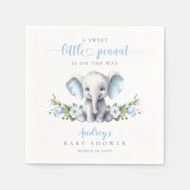 Cute Blue Floral Elephant Baby Boy Shower Napkin (Front)