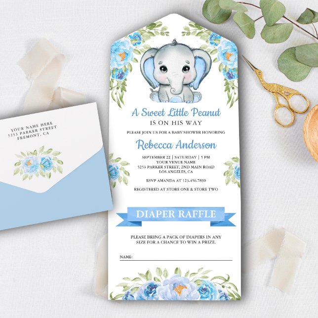 Cute Blue Floral Elephant Baby Shower All In One Invitation (Creator Uploaded)