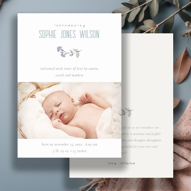 Cute Blue Floral Photo Boys Birth Announcement  (Creator Uploaded)