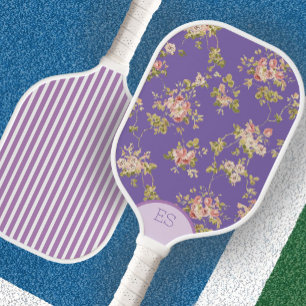 Cute blue floral purple stripe pickleball paddle