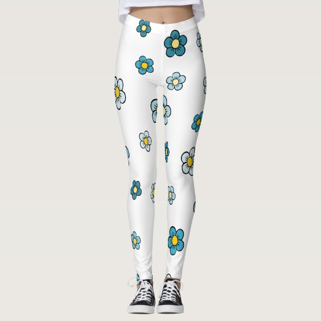 Cute Blue Flower White Leggings (Front)