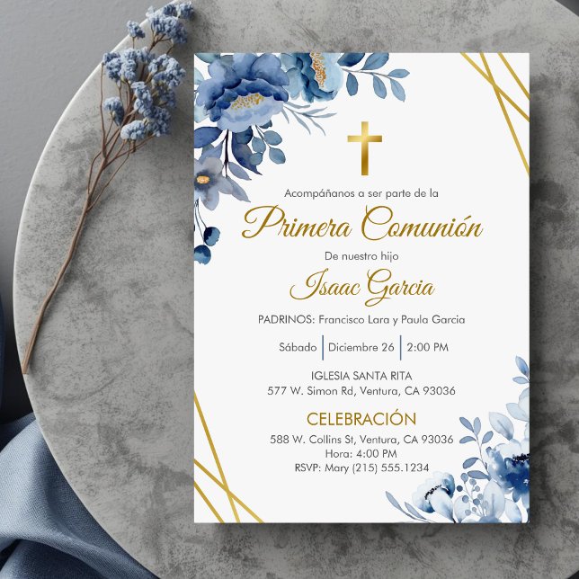 Cute Blue Flowers First Communion in Spanish  Invitation (Creator Uploaded)