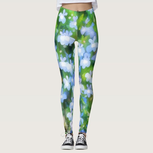 Cute Blue Flowers Floral Watercolor Art Leggings (Front)