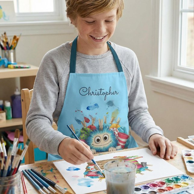 Cute Blue Fluffy Sock Monster Kids Design Apron (Creator Uploaded)