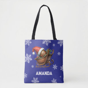 Cute Blue Football Santa Sleigh Name Tote Bag
