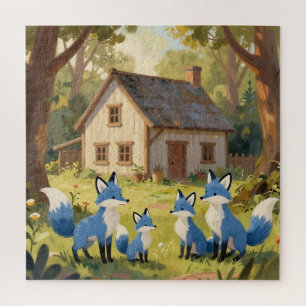 Cute Blue Fox Family Cottage Jigsaw Puzzle