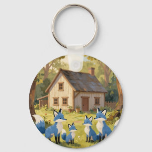 Cute Blue Fox Family Cottage Key Ring
