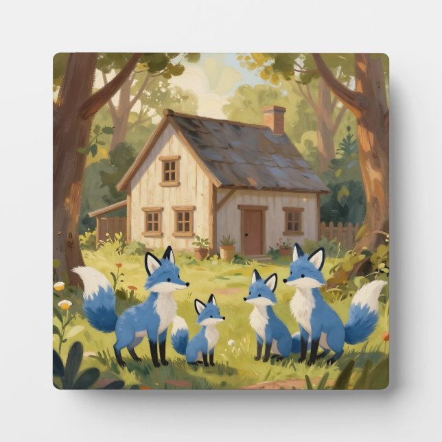 Cute Blue Fox Family Cottage Plaque (Front)