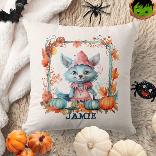 Cute Blue Fox Orange Pumpkin Kids Halloween Cushion (Creator Uploaded)