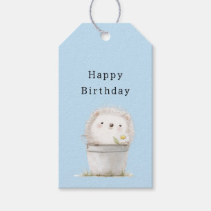 Cute Blue Garden Hedgehog Birthday Gift Tags