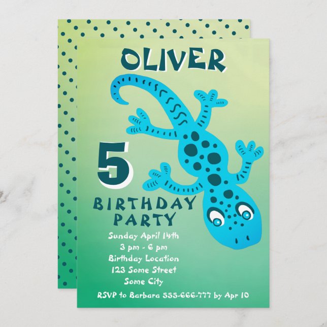 Cute Blue Gecko Lizard Boy Birthday Party  Invitation (Front/Back)