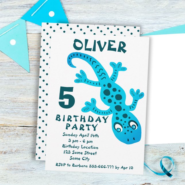 Cute Blue Gecko Lizard Boy Birthday Party  Invitation (Creator Uploaded)