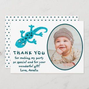 Cute Blue Gecko Lizard Kid Photo Birthday Thank You Card