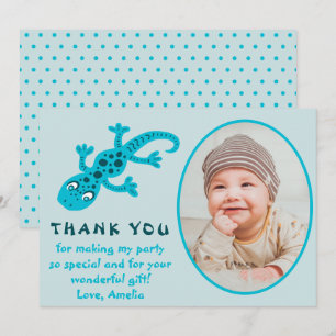 Cute Blue Gecko Lizard Kid Photo Birthday Thank You Card